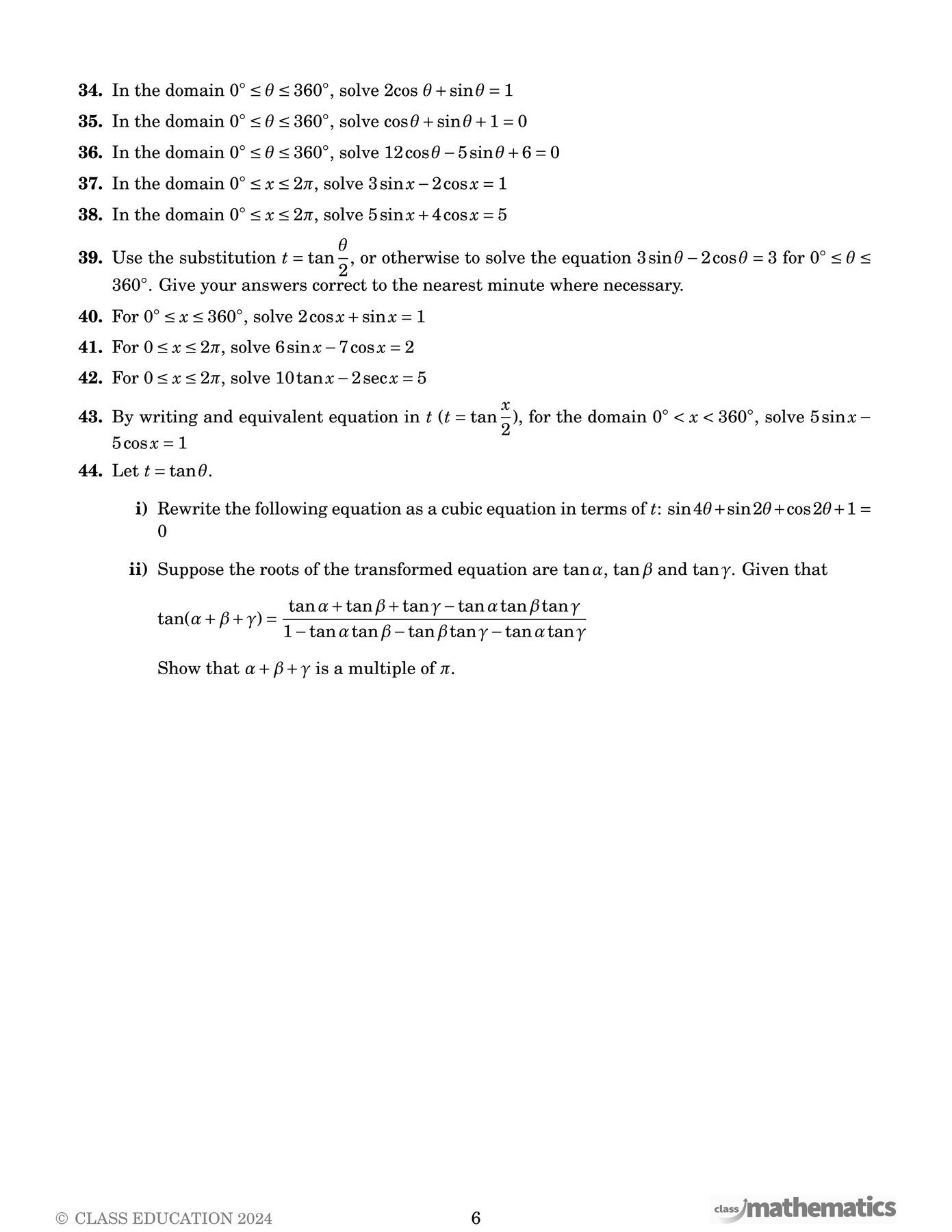 NSW Year 12 Maths Extension 1 - Trig Equations – Class Mathematics